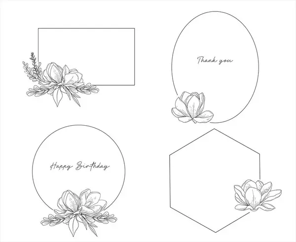 Vektorová Sada Elegantních Geometrických Rámečků Zdobených Magnóliovými Květy Ručně Kreslená — Stockový vektor