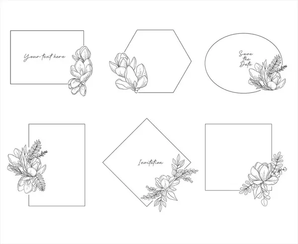 Conjunto Vectorial Elegantes Marcos Geométricos Decorados Con Flores Magnolia Diseño — Vector de stock