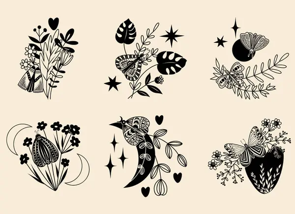 Набір Містичних Небесних Метеликів Квітів Гілок Векторна Квіткова Фауна Ілюстрація — стоковий вектор