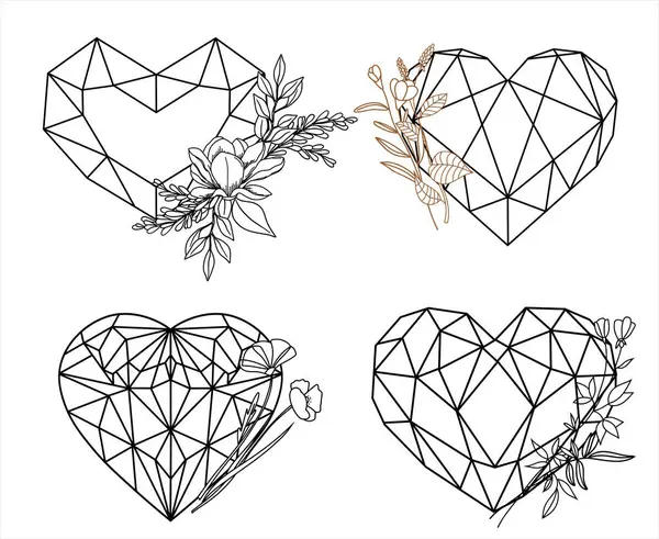 Набір Векторних Геометричних Сердець Стилі Багатокутника Прикрашений Дикими Квітами Геометричним — стоковий вектор