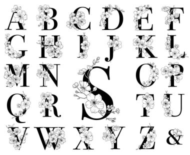 El çizimi elma çiçekleri, botanik alfabe, bahar düğünü tasarımı içeren bir dizi vektör bahar çiçekli harf.