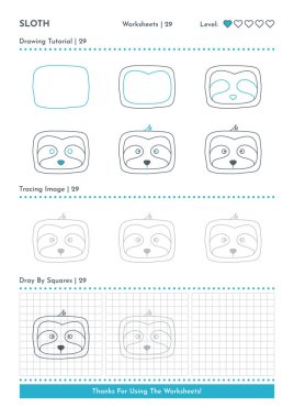 Doodle Hayvan Tembelliğinin Çizimi, Çizim Dersinden Çizim Karakteri Adımları. Çocuklar için Faaliyet Çalışma Belgeleri. Vektör 1