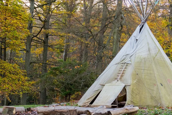 stock image Indian wigwam in the autumn forest.