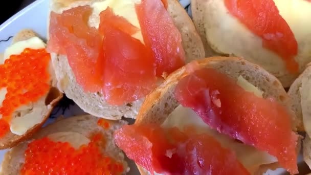 Röd Fisk Baguette Skivor Smörgåsar — Stockvideo