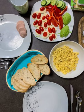 breakfast in the kitchen with meat