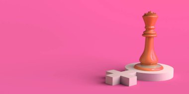 Kadın sembolü üzerine satranç kraliçesi taşıyla feminizm kavramı. Üç boyutlu illüstrasyon. Uluslararası Kadınlar Günü. 8 Mart. Boşluğu kopyala.