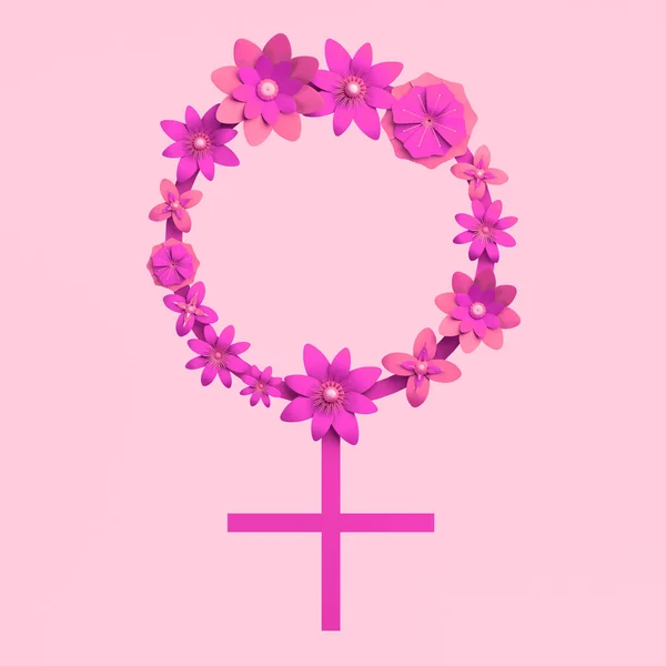 Female symbol made from flowers. Isolated on pastel pink background. 3d illustration. Feminism. Female fight.