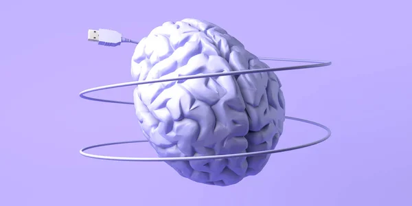 Conceito Inteligência Artificial Com Cérebro Conectado Cabo Usb Ilustração Espaço — Fotografia de Stock