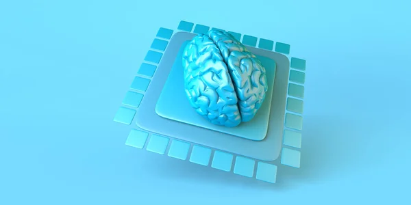 人工智能的概念与芯片上的大脑 3D插图 复制空间 — 图库照片