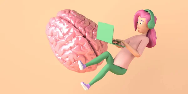 Conceito Inteligência Artificial Com Mulher Usando Laptop Cérebro Gigante Ilustração — Fotografia de Stock