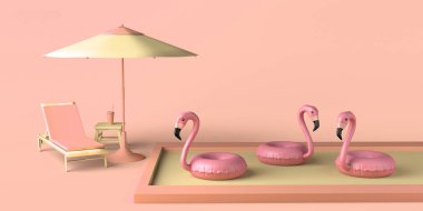 Şemsiyeli yaz tatili konsepti, şezlonglu güneşlik ve flamingolu havuz. Uzayı kopyala 3B illüstrasyon.