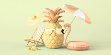 Güneş gözlüklü plaj aksesuarlı ananas ile yaz tatili konsepti. Uzayı kopyala 3B illüstrasyon.