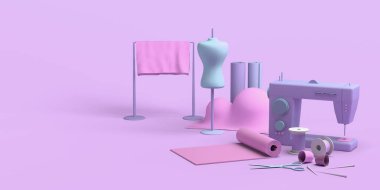 Giyim butiği kavramı. Manken ve dikiş makinesiyle terzilik. Uzayı kopyala 3B illüstrasyon.