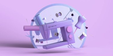 Manken, dikiş makinesi ve ayna ile moda tasarımcısı konsepti. Uzayı kopyala 3B illüstrasyon.