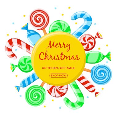 Mutlu noel tanıtım afişleri. Kırmızı çizgili sert şeker, şeker kamışı, lolipop, paketlenmiş şekerler. Poster, web, broşür, kupon, özel teklif, promosyon, blog, sosyal medya için vektör illüstrasyonu