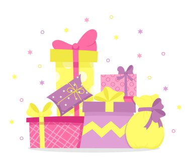 Renkli paketlenmiş, fiyonklu hediye kutuları. Farklı şekil ve boyutlarda ambalaj kağıtlarıyla kutular. Dağ hediyeleri hazır. Tatilleri kutluyoruz, etkinlikte hediyeler veriyoruz. Vektör illüstrasyonu