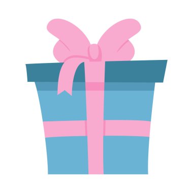 Kurdeleli ve fiyonklu mavi hediye kutusu. Satış afişi, logo, sürpriz poster, broşür, tebrik kartı, kapak. Yeni yılı, Noel 'i, doğum gününü, yıldönümünü, düğünü kutlarız. Düz dizayn. Vektör