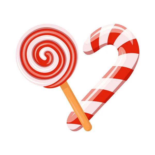 stock vector Lollipop and candy cane are folded into a heart shape. Red striped sweetmeats. Element for Christmas, New Year, birthday, anniversary, event. Template for poster, web, flyer, icon, promo, blog. Vector