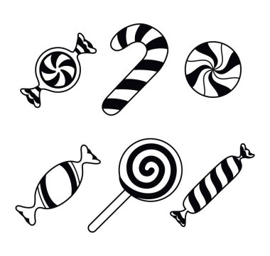 Çizgili şeker seti, çizgili sanat tasarımı. Sert şeker, baston şeker, lolipop, ambalajda şeker. Noel, yeni yıl, doğum günü, parti için tasarım öğesi. Vektör illüstrasyonu beyaz arkaplanda izole edildi