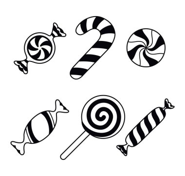 Striped sweetmeats set, line art design. Hard candy, candy cane, lollipop, candies in wrapper. Design element for Christmas, New Year, birthday, party. Vector illustration isolated on white background clipart