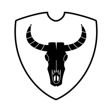 Beyaz arka planda boynuzları olan boğa ya da yaban ördeği kafatası. Bufalo kafatası silueti. Amerikan eyaleti Teksas 'ın sembolü. Logo, simge, çıkartma, kart, baskı için uygun. Vektör illüstrasyonu
