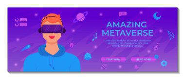 Metaverse dijital teknoloji afiş şablonu. Adam siber metaevren simülasyonuyla çevrili VR kulaklık kullanıyor. İnovasyon ağı deneyimi, AR oyunları. İniş sayfası, web sitesi tasarımı ve tanıtım için uygun