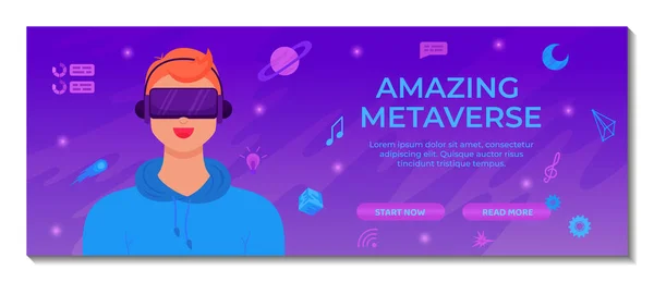 Metaverse Digitális Technológia Banner Sablon Ember Használja Headset Körül Cyber — Stock Vector