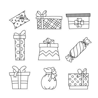 Kurdeleli hediye kutuları, çizgi çizimi. Noel, doğum günü, Paskalya, yeni yıl, yıldönümü, tatiller. Simge, web, mobil uygulama ve yazdırma için vektör illüstrasyonu. İnce çizgi karalaması