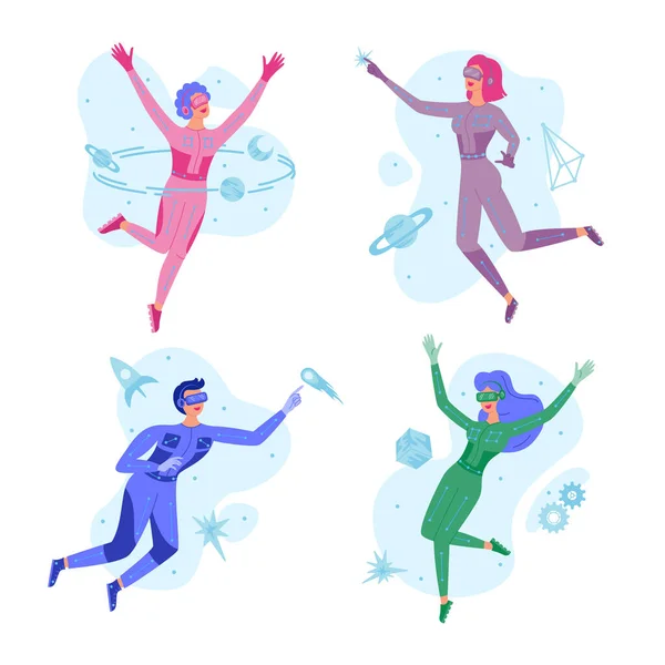 Sanal gerçeklik gözlüğü takan ve takım elbise giyen insanlar artırılmış gerçeklik simülasyonu yaşıyorlar. Teknoloji dijital siber dünyası Metaverse. AR oyunları, eğlence, eğitim, iş. Gelecekçi yaşam tarzı. Vektör illüstrasyonu