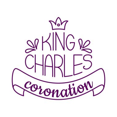 Kral Charles 'ın taç giyme töreni el yazması mektuplar. Davetiye, tebrik kartı, posterler, tişört ve çantalarda parmak izleri. Yeni İngiliz hükümdarlığı ilanı. Kaligrafi. Vektör illüstrasyonu