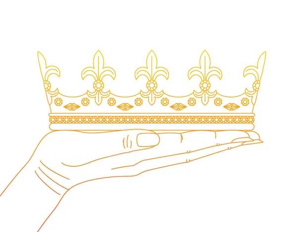 Hand holding a golden crown. Concept of an award ceremony or coronation. Template for logo design, icon, postcard, badge, print. Simple vector illustration of linear style