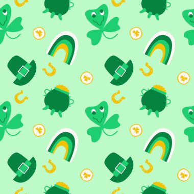 St Patrick's Day seamless doodle pattern. Celebration of Irish holiday, leprechaun clover, gold horseshoe, rainbow etc. Background for wrapping, textile, apparel. Trendy y2k retro hippie print. Vector illustration