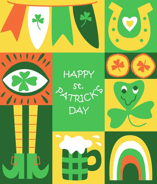 St Patrick's Day doodle greeting card. Trippy style. Fun Irish holiday celebration. Great for postcard, invitation, print, t-shirts, background, festive decor. Trendy y2k retro hippie print. Vector illustration