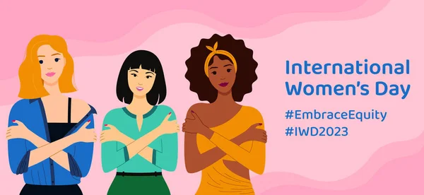 International Women's Day 8 march 2023, campaign theme: Embrace Equity. Women are hugging themself. Love yourself concept. Great for banner, poster, flyer, card, web, social media. Vector illustration