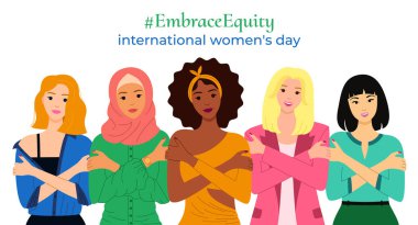 Embrace Equity banner. International Women's Day 2023. Multicultural women are hugging themself. Love yourself concept. Great for poster, web, landing page, template, social media, mobile app. Vector clipart