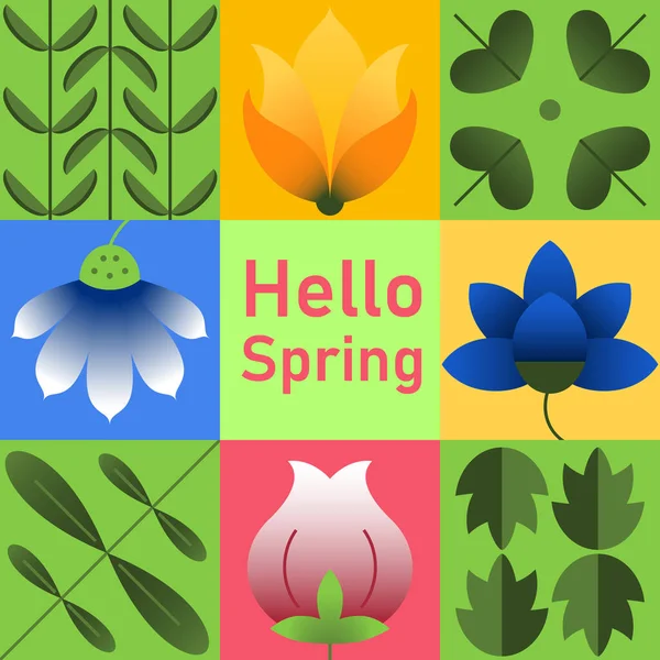 Hello Spring Simple Geometric Abstract Design Greetings Card Colorful Flower — ストックベクタ