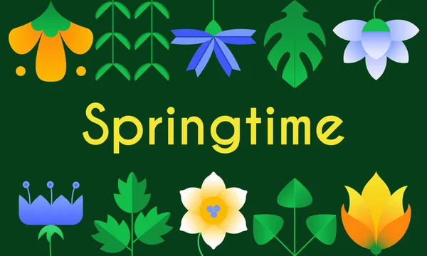 春のグリーティングカード 単純な幾何学的形状設計 春には色とりどりの花や葉で構成されます バナー ポスター ランディングページ ウェブサイトのテンプレート ベクトル — ストックベクタ
