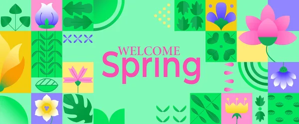 ようこそ春のバナー 単純な幾何学的形状抽象的なデザイン 春には色とりどりの花や葉で構成されます プレゼンテーション ランディングページ ウェブサイト ポスターのテンプレート — ストックベクタ