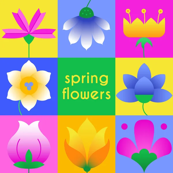 抽象的な春の花はカラフルな単純な幾何学的な形のコレクション 植物性の春のアートプリント ポスター ウェブバナー 背景やステッカーのための創造的な近代的なバウハウススタイル ベクトル — ストックベクタ