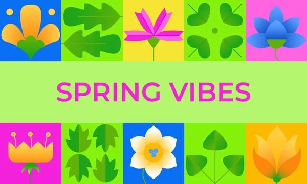 春のバイブスカード 抽象フラットミニマリスト幾何学的な花や色鮮やかなシンプルな形状の葉 ポスター 招待状 ウェブバナー 広告のための創造的な近代的なバウハウススタイル ベクトル — ストックベクタ
