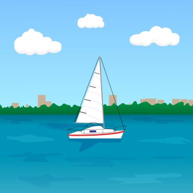 Nehirde yüzen beyaz yelkenli setin arka planına ve şehre karşı. Vektör illüstrasyonu
