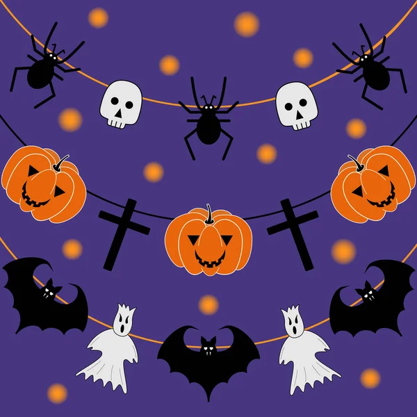 Vektorový Kreslený Plakát Pohlednice Pozadí Halloween Dýně Duch Pavouk Lebka — Stockový vektor
