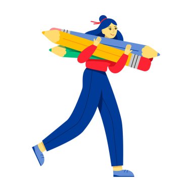 Kadın bir sürü dev kalem taşıyor. Koşan ve elinde kalem tutan bir öğrenci. Eğitim kavramı, metin yazarlığı, yaratıcılık, başarı, blog yazma. Sevimli, komik, soyutlanmış karakter. Vektör düz resimleme