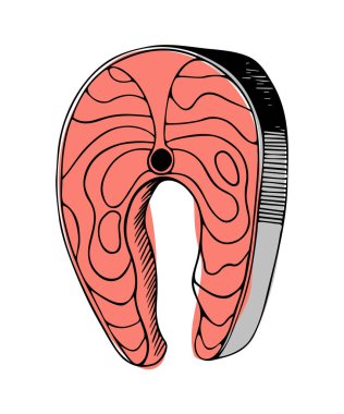Somon bifteği. Suşi, ızgara, tuzlama ve diğer yemekler için. Sağlıklı yemek için gerçekçi deniz ürünleri. Eskiz stili. Vektör illüstrasyonu beyaz arkaplanda izole edildi.