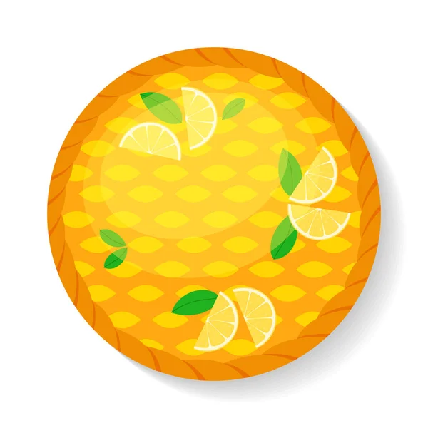 Limonlu ve yapraklı ev yapımı limonlu turta. Üst Manzara. Lezzetli ve güzel dekore edilmiş pasta. Pişirme, pişirme, Şükran Günü konsepti. Vektör İllüstrasyonu beyaz arkaplanda izole edildi