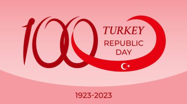 Türkiye Cumhuriyeti 'nin 100. yıldönümü. İçinde 100 numara ve Türk bayrağı olan festival kartı. 29 Ekim. 1923-2023, Ulusal Zafer Günü. Beyaz arkaplanda vektör düz biçim illüstrasyonu