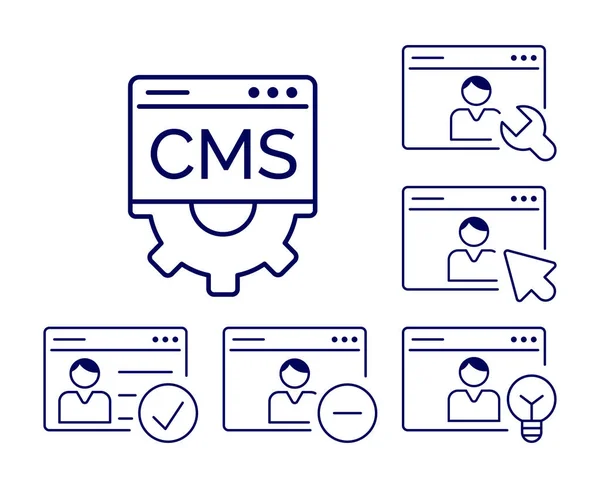 CMS rolleri. İçerik Yönetimi Sistemi simgesi ayarlandı. Yönetici, yazar, editör, kullanıcı, konuk. İçerik oluşturma, yayınlama, seo optimizasyonu ve destek için web sitesi yönetim yazılımı