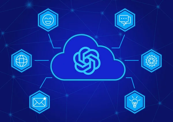 Logo Yapay Zeka Sohbeti GPT bulutta. Dijital yapay zeka konsepti. Büyük veri merkezi, elektronik beyin. Bağlı aygıt için teknoloji ağı. Sancak, poster, promosyon için modern iş teknolojisi