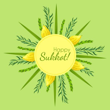Şablon tebrik kartı Sukkot, palmiye yaprakları, limon ve daire şeklinde çerçeveli. Tabernacle ziyafeti ya da Toplanma Festivali. Geleneksel Yahudi dini sembolleri: etrog, lulav, hadas, arava