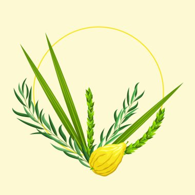 Sukkot greeting card with blank space for congratulation text. Feast of Tabernacles or Festival of Ingathering. Circle frame with leaves and lemon. Traditional symbols: etrog, lulav, hadas, arava clipart